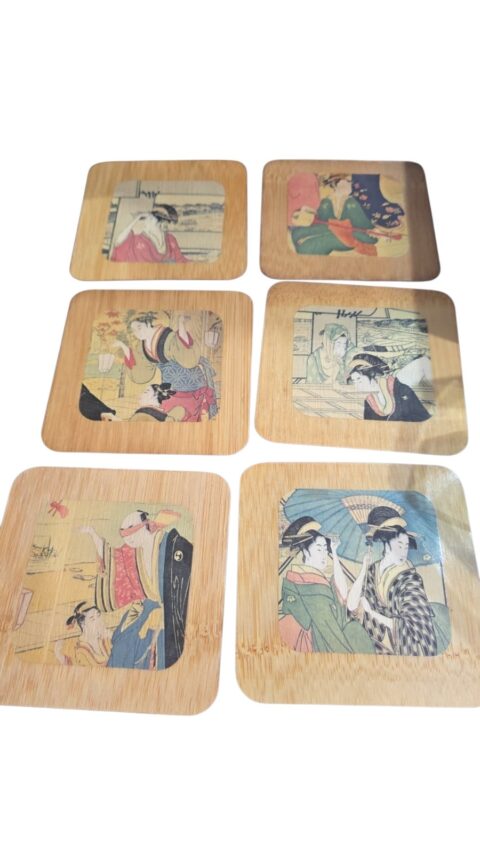 Conjunto de porta copos de lâminas de bambu com arte oriental