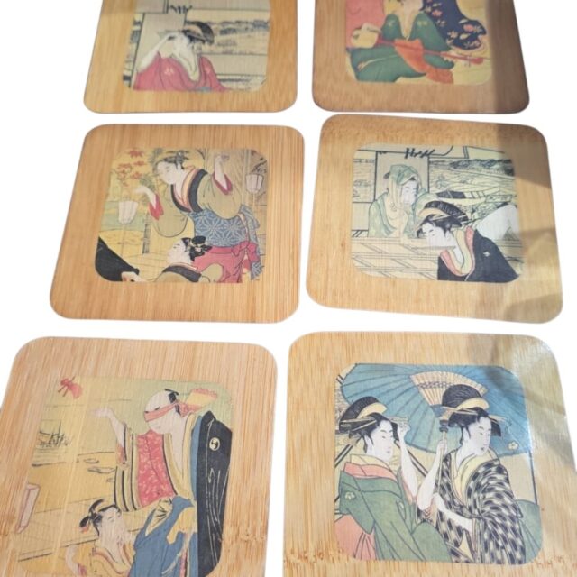 Conjunto de porta copos de lâminas de bambu com arte oriental