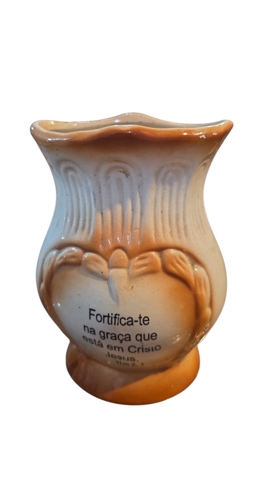 Antigo vaso de louça com mensagem religiosa