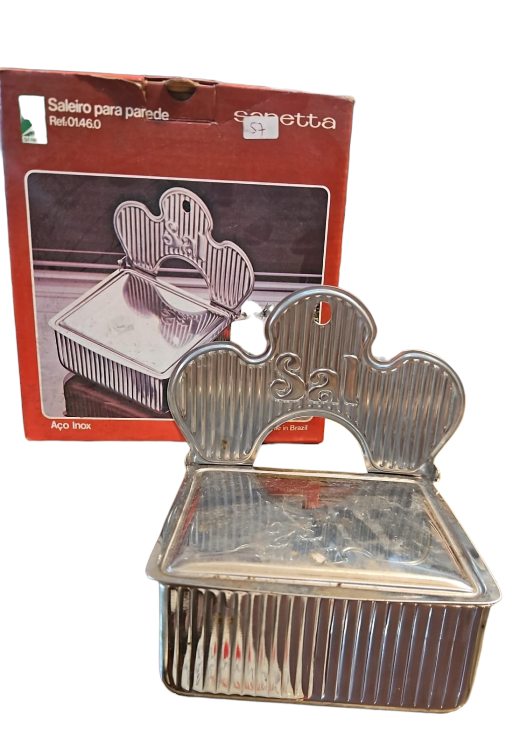 Saleiro de parede inox com caixa original, perfeito