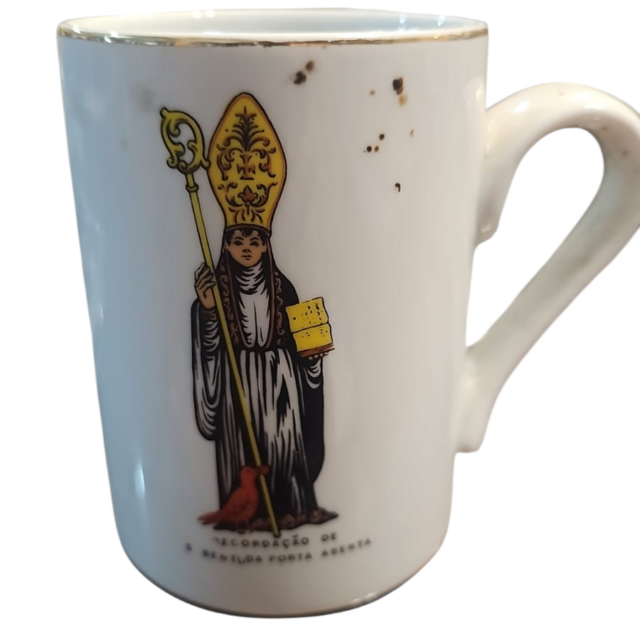 Antiga caneca de porcelana com arte sacra, filetada a ouro