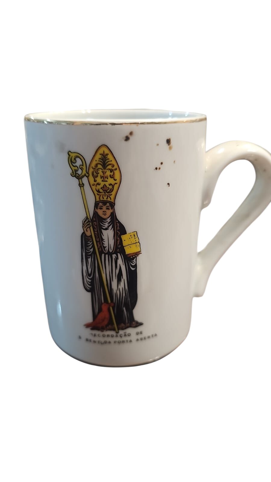 Antiga caneca de porcelana com arte sacra, filetada a ouro