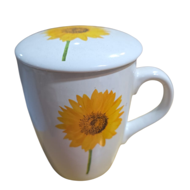 Rara caneca com tampa, motivos florais