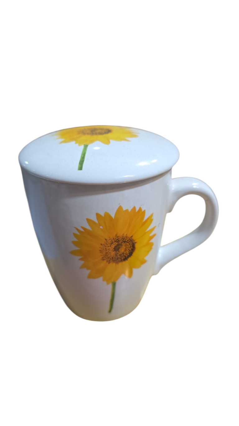 Rara caneca com tampa, motivos florais