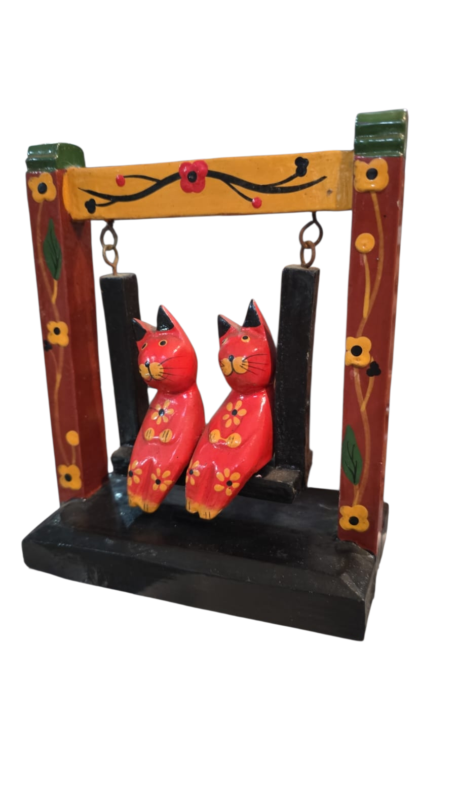 Gatos no balanço, escultura húngara de madeira pintada a mão