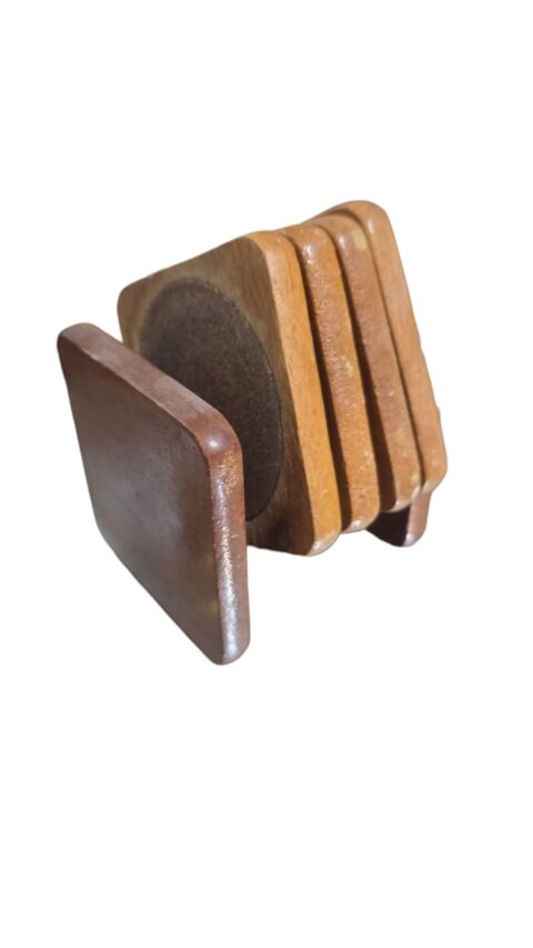 Antigo conjunto porta copos de madeira e cortiça