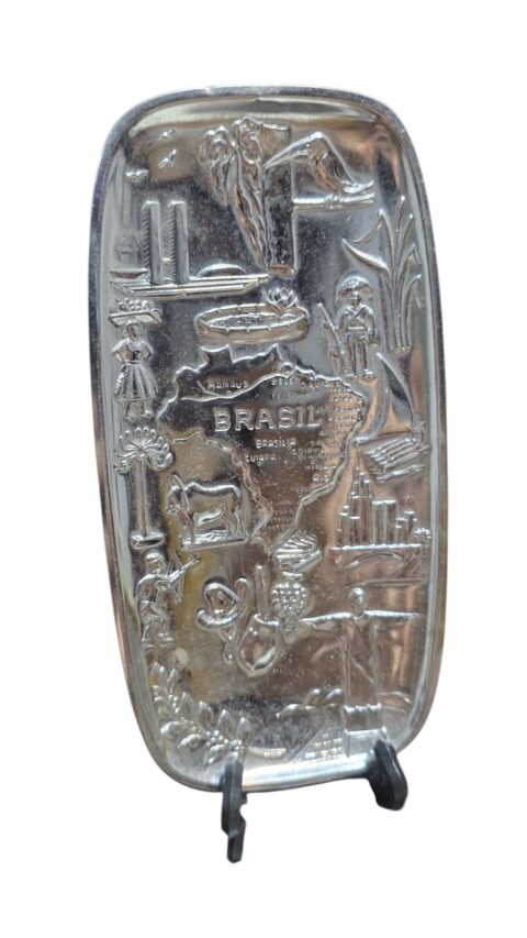 Antiga bandeja Wolff inox ornamentada com arte brasileira