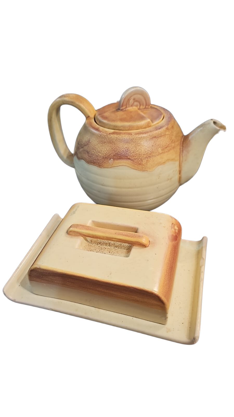 Bule e manteigueira de cerâmica majólica alemã