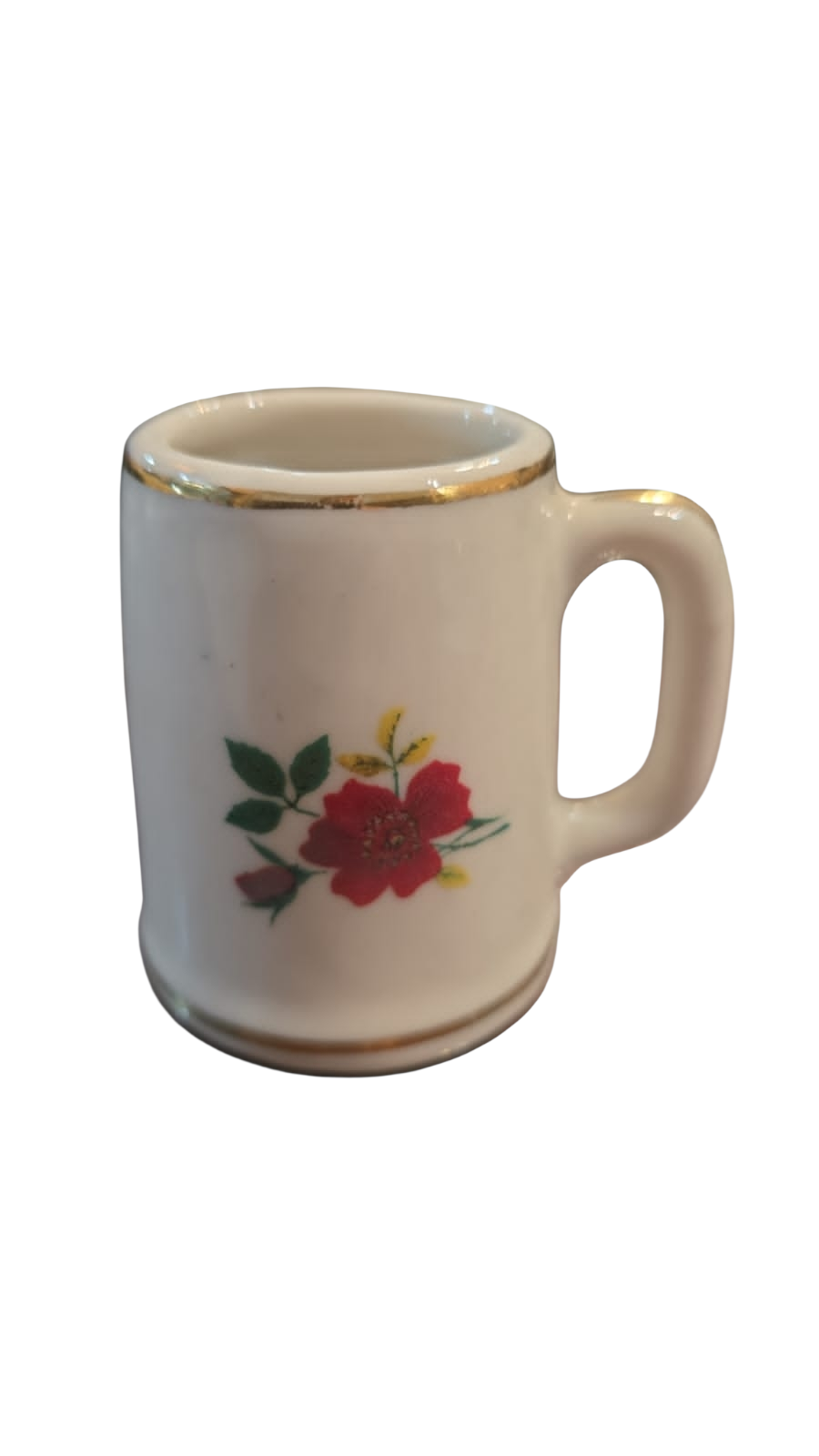 Pequena caneca de louça, motivos florais e filetes de ouro