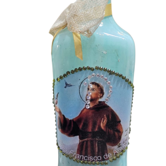 Garrafa luminária com decoração de São Francisco de Assis