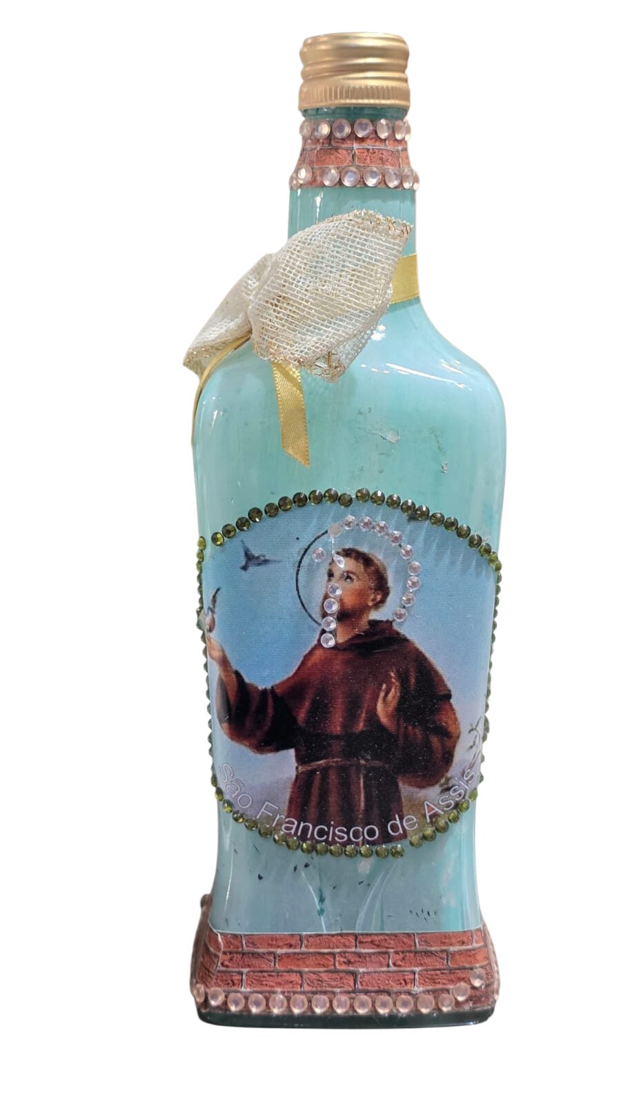 Garrafa luminária com decoração de São Francisco de Assis