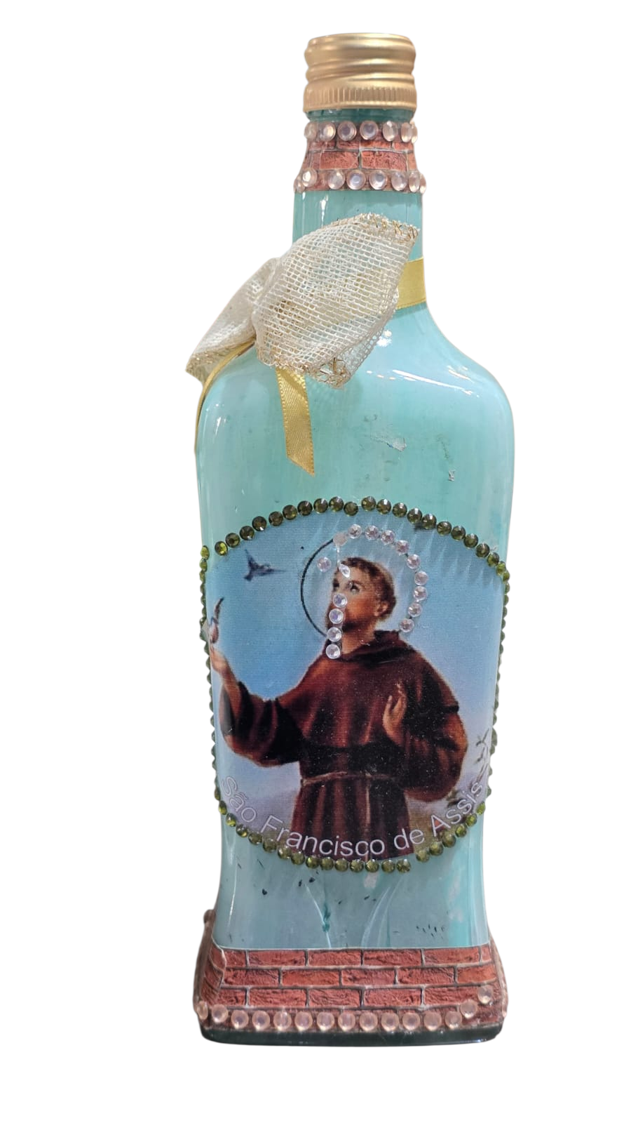 Garrafa luminária com decoração de São Francisco de Assis