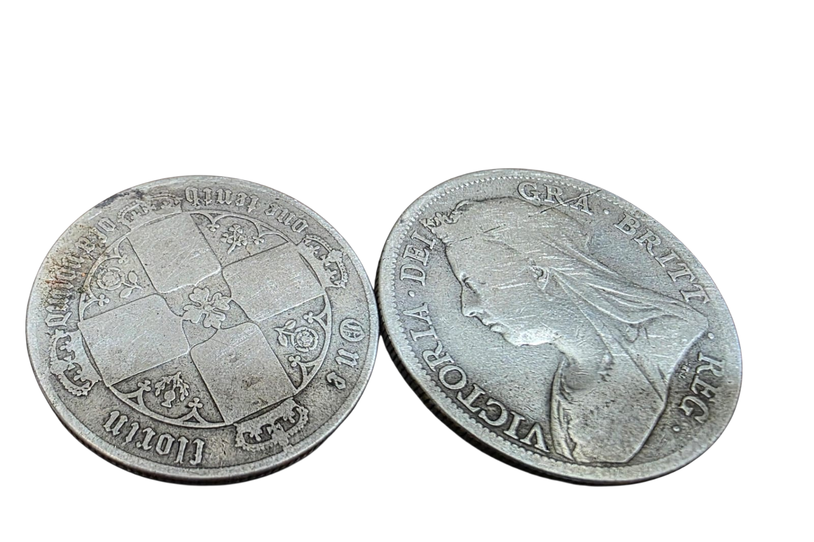 Par de moedas vitorianas britânicas em prata de lei do século XIX