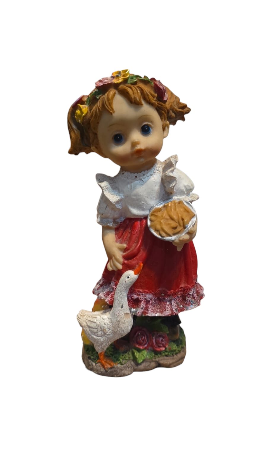 Escultura de menininha com patinho, em resina