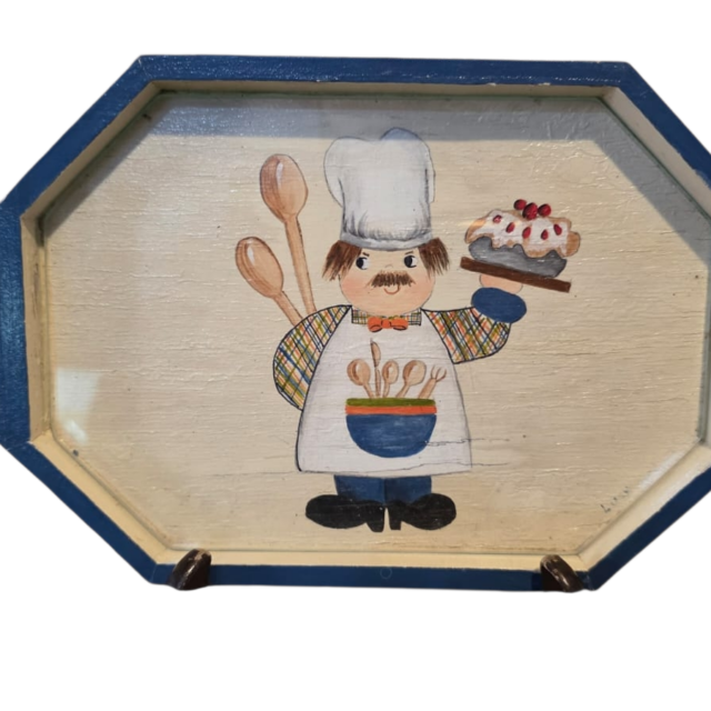 Antiga bandeja de madeira com vidro e bela arte