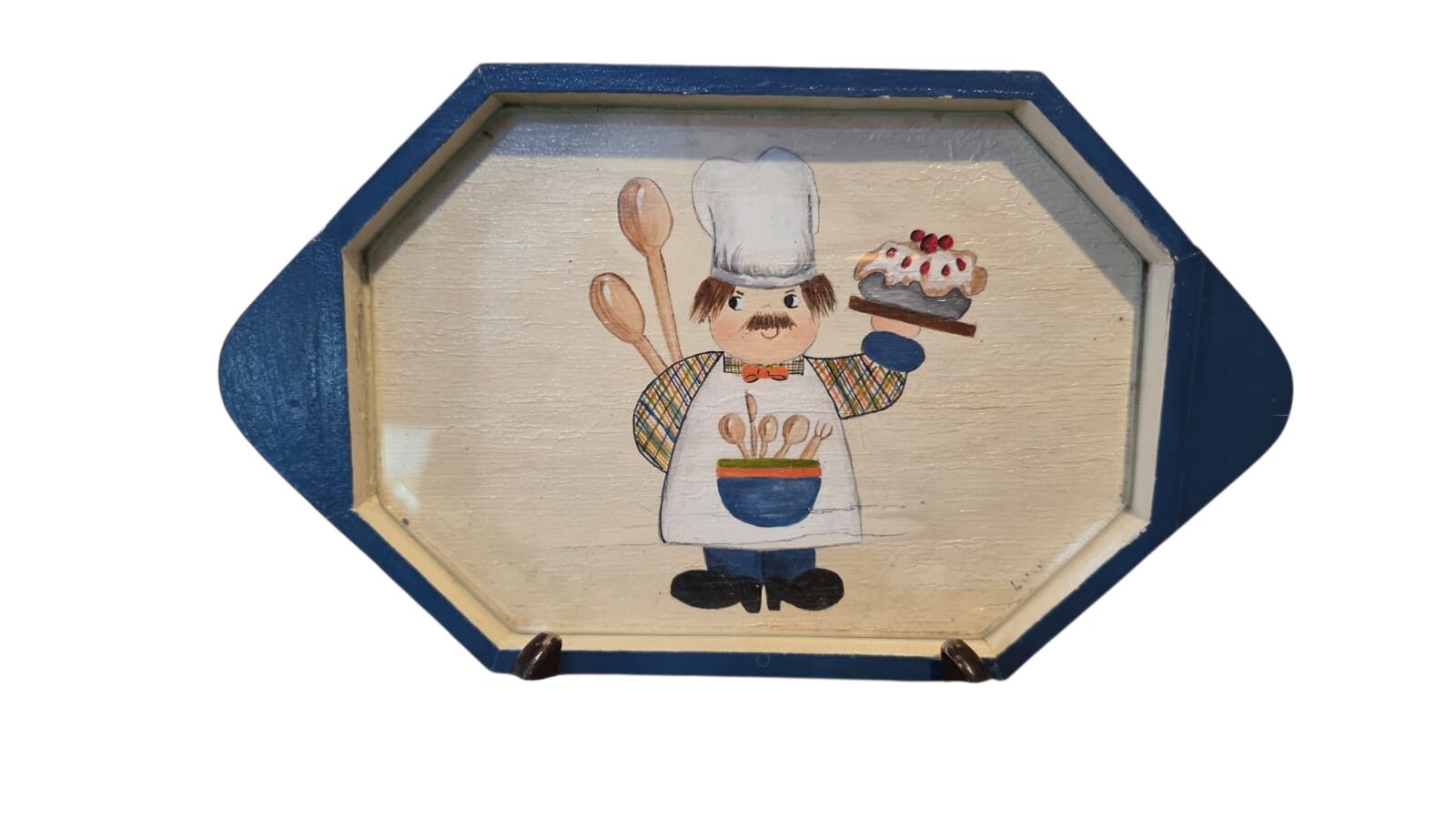 Antiga bandeja de madeira com vidro e bela arte