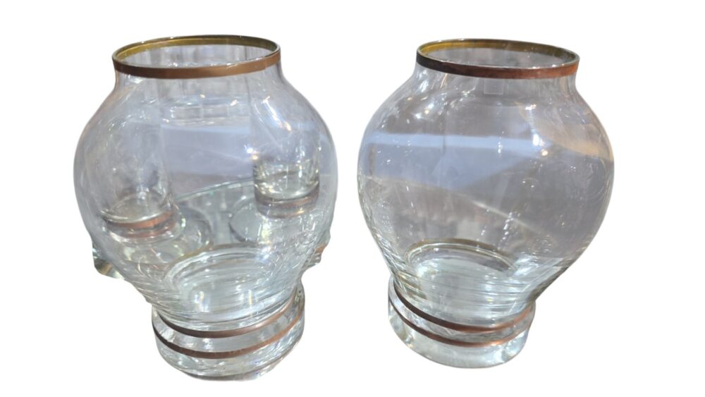 Vasos bojudos de cristal com filetes de cobre. (valor unitário)