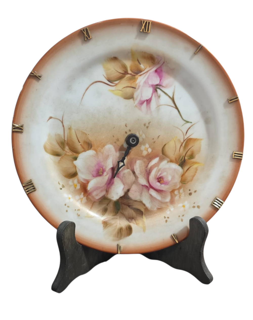 Bela e antiga porcelana pintada a mão, com relógio