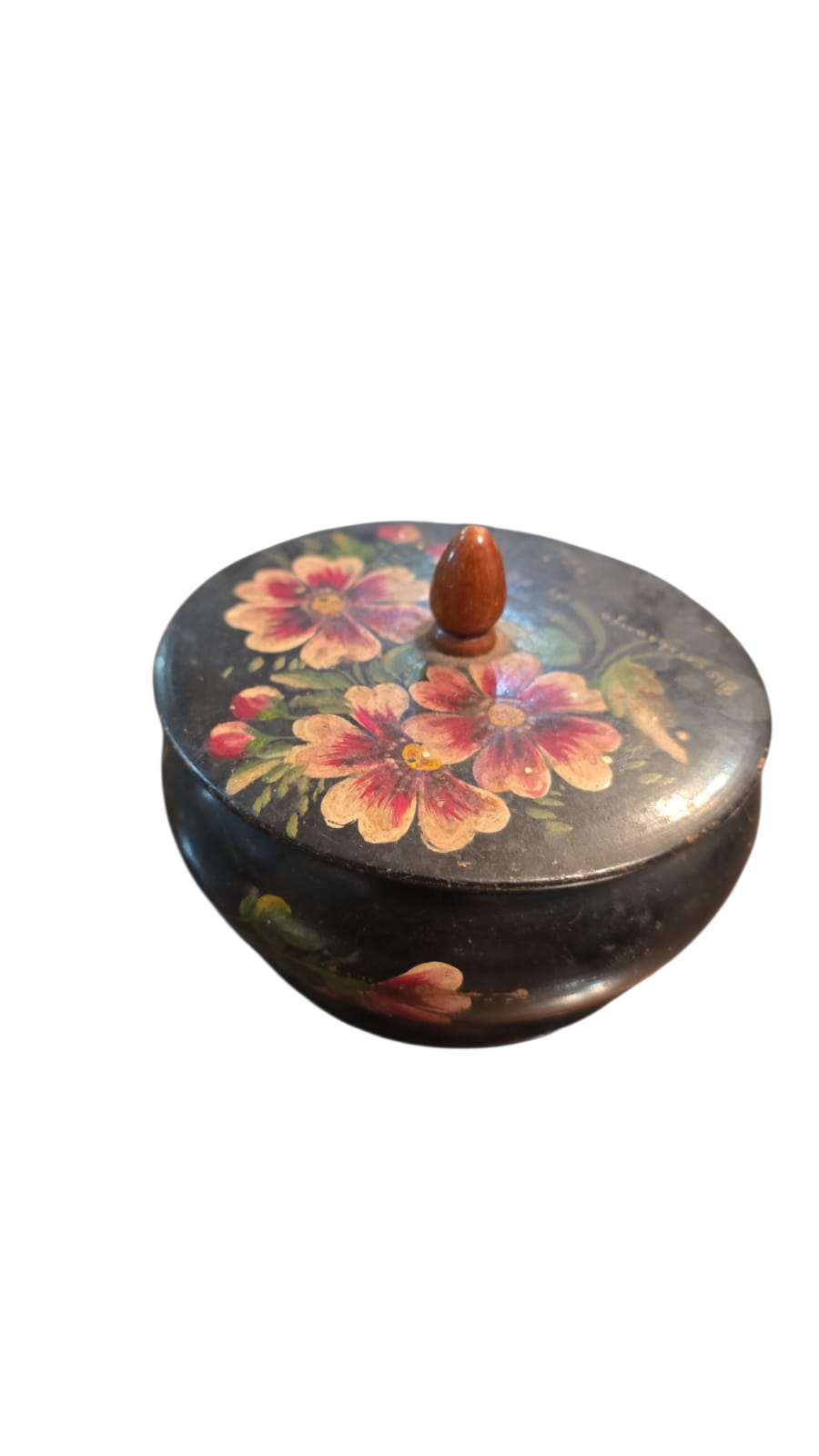Antigo pote de madeira pintado a mão