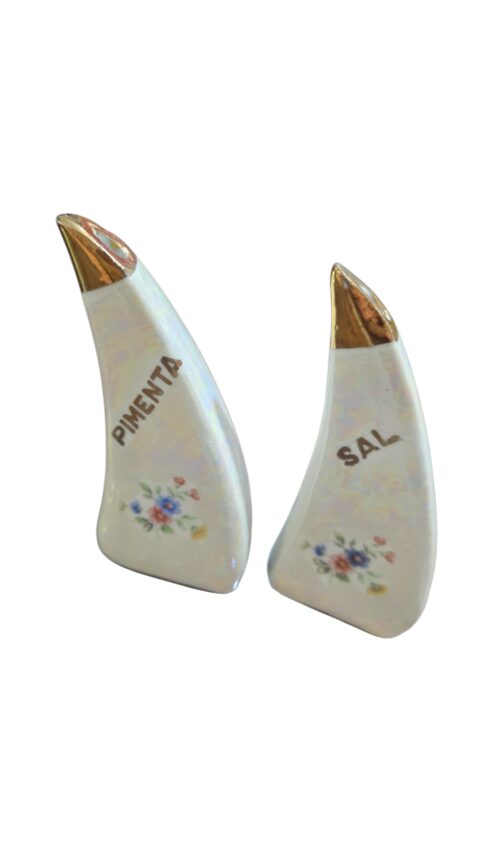 Par de saleiro e pimenteiro de porcelana com a tampinha