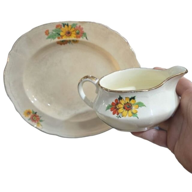 Antigo conjunto inglês, motivos florais e belo craquelado do tempo