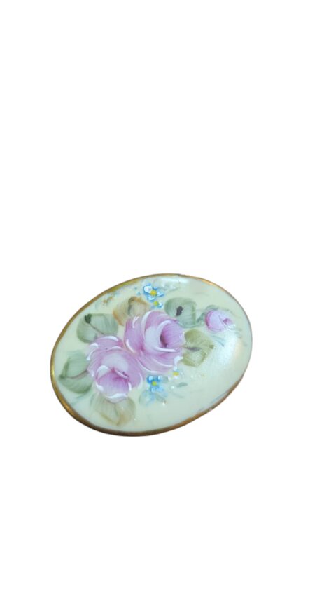 Antigo broche de porcelana pintado a mão, motivos florais
