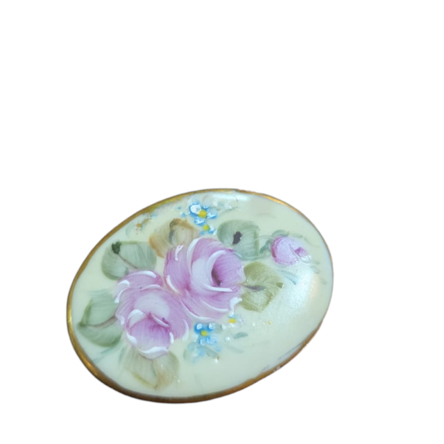 Antigo broche de porcelana pintado a mão, motivos florais