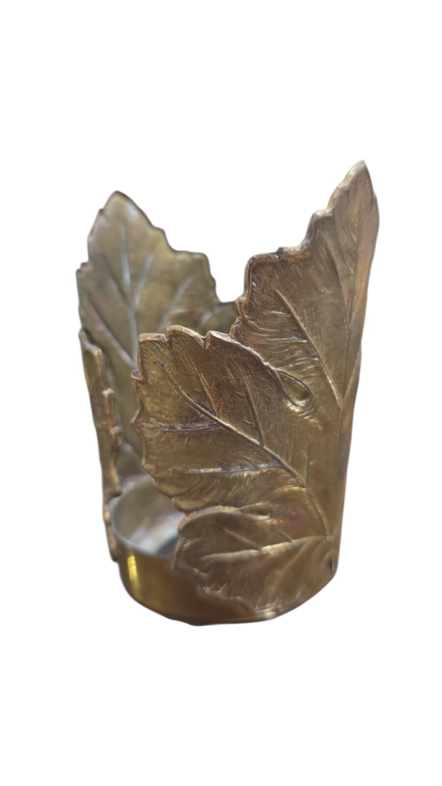 Suporte antigo para copo, em dourado metal, ornamentado com folhas