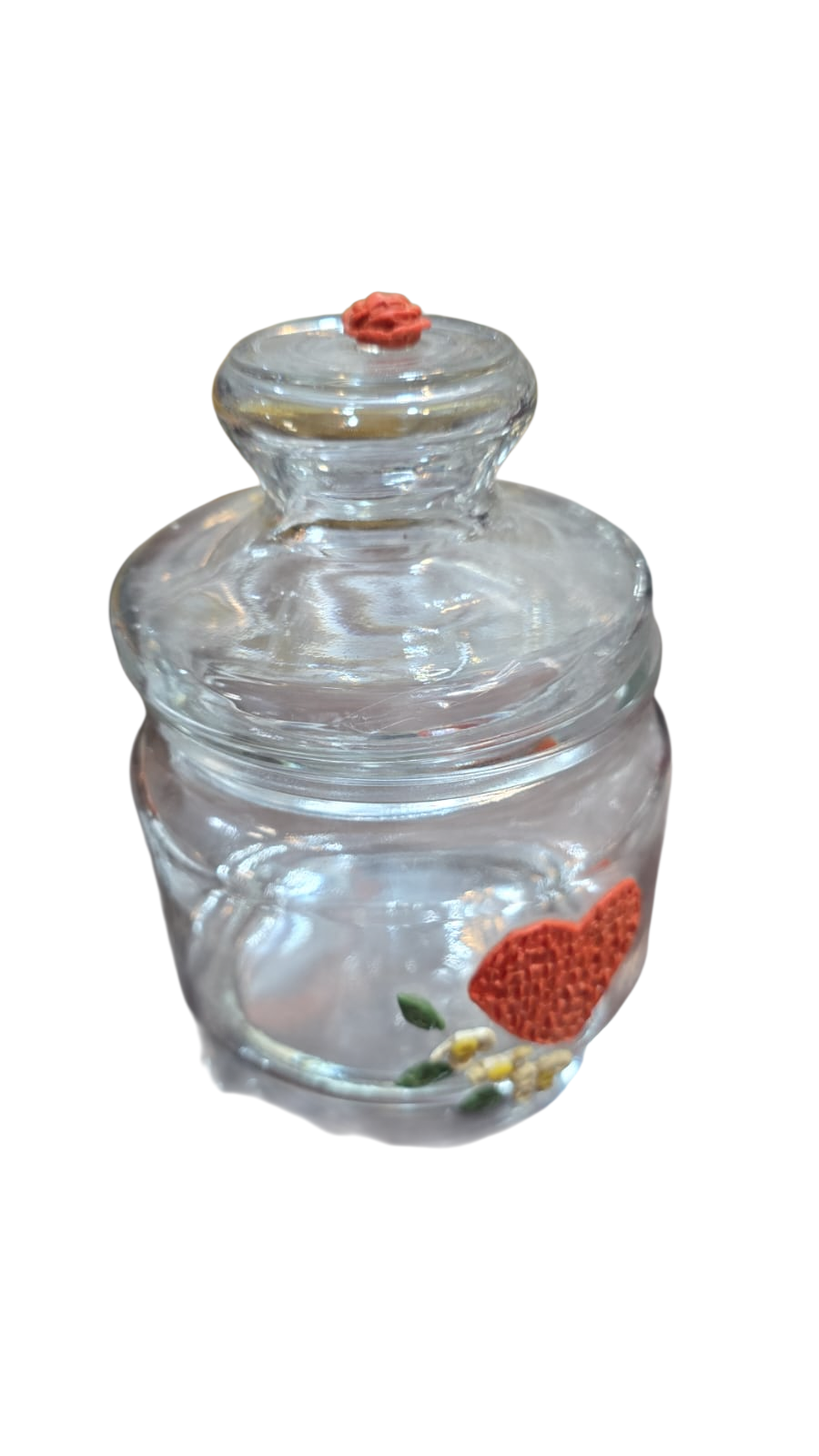 Pote de vidro com adereços artesanais
