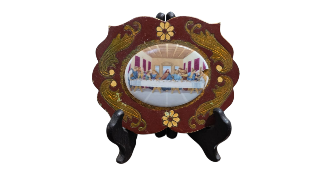 Antiga decoração de parede Santa Ceia, em madeira e porcelana