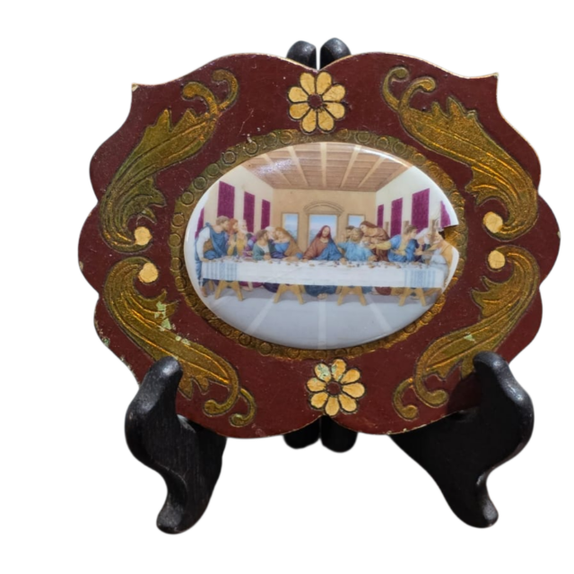 Antiga decoração de parede Santa Ceia, em madeira e porcelana