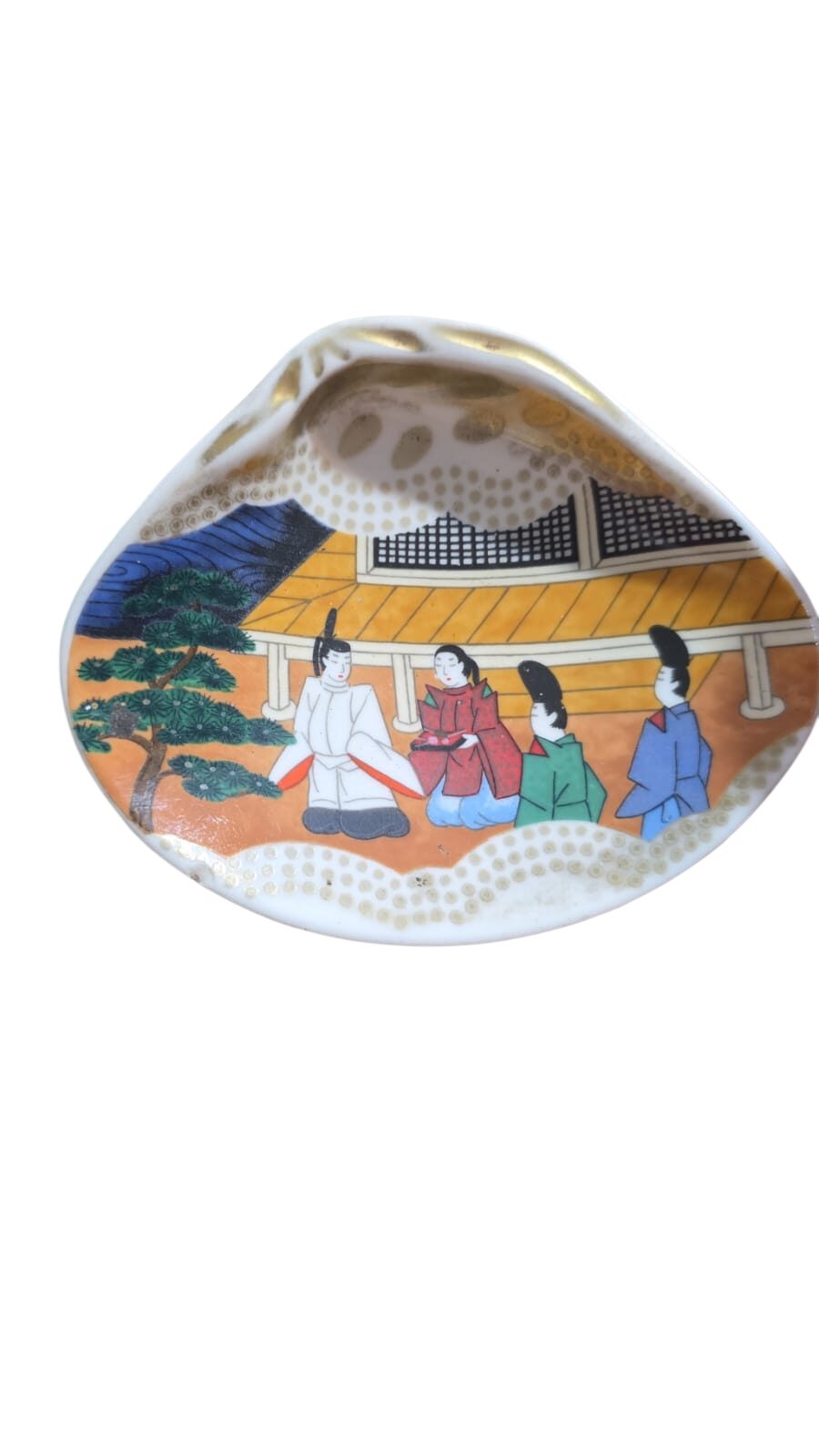 Concha oriental antiga com belíssima arte feita a mão, Franklin Mint Genji Monogatari