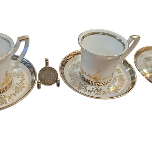 Elegantes xícaras alemãs com bela arte e dourações