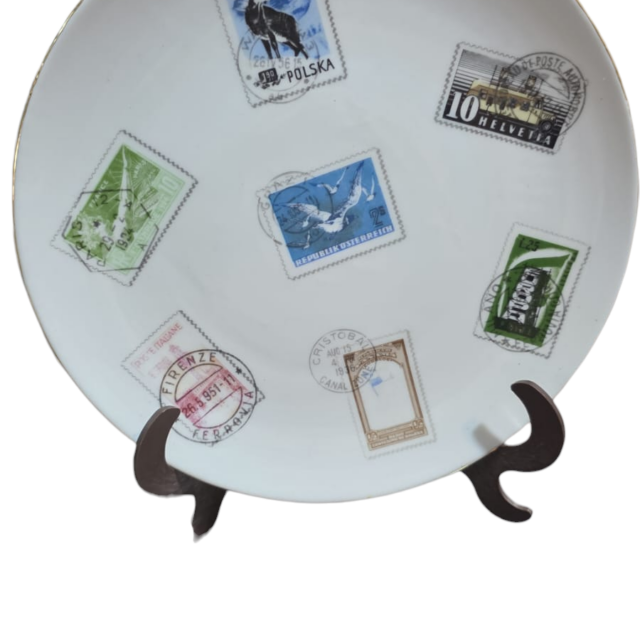 Bela porcelana com arte de selos antigos, filateria