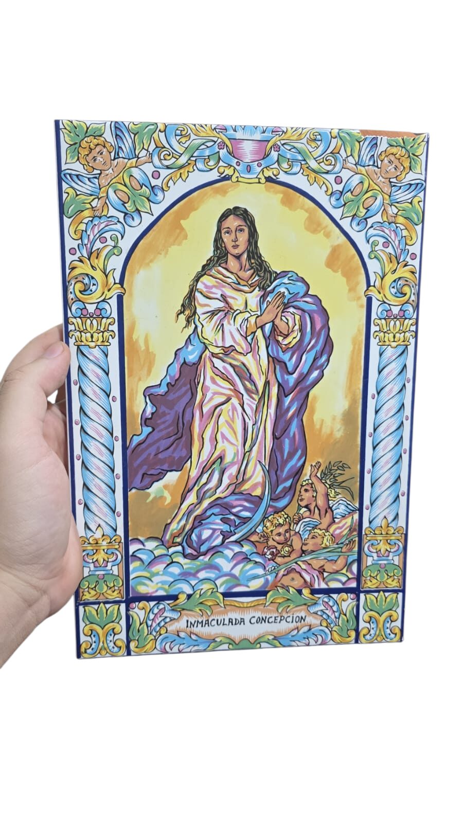 Antigo azulejo espanhol com belíssima arte sacra pintada a mão