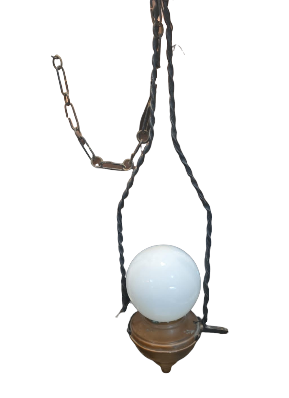 Antiga e bela luminária pendente de metal e cobre