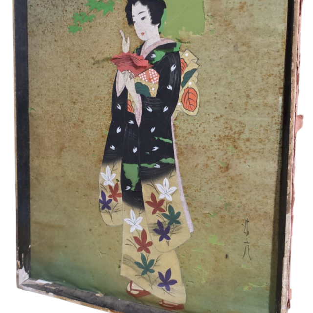 Antigo quadro oriental com arte em tecido