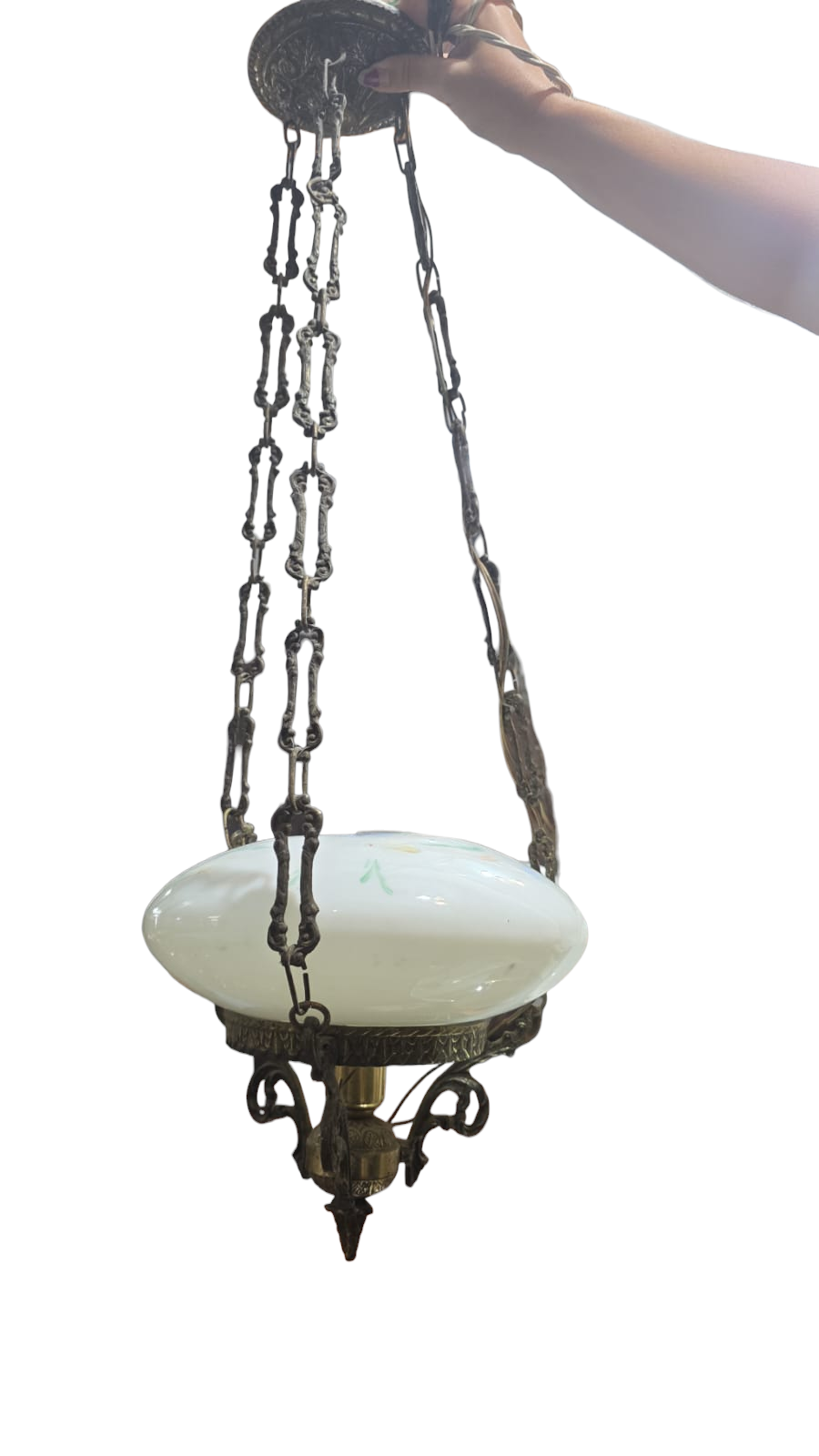 Antiga luminária pendente de bronze com bela cúpula de opalina