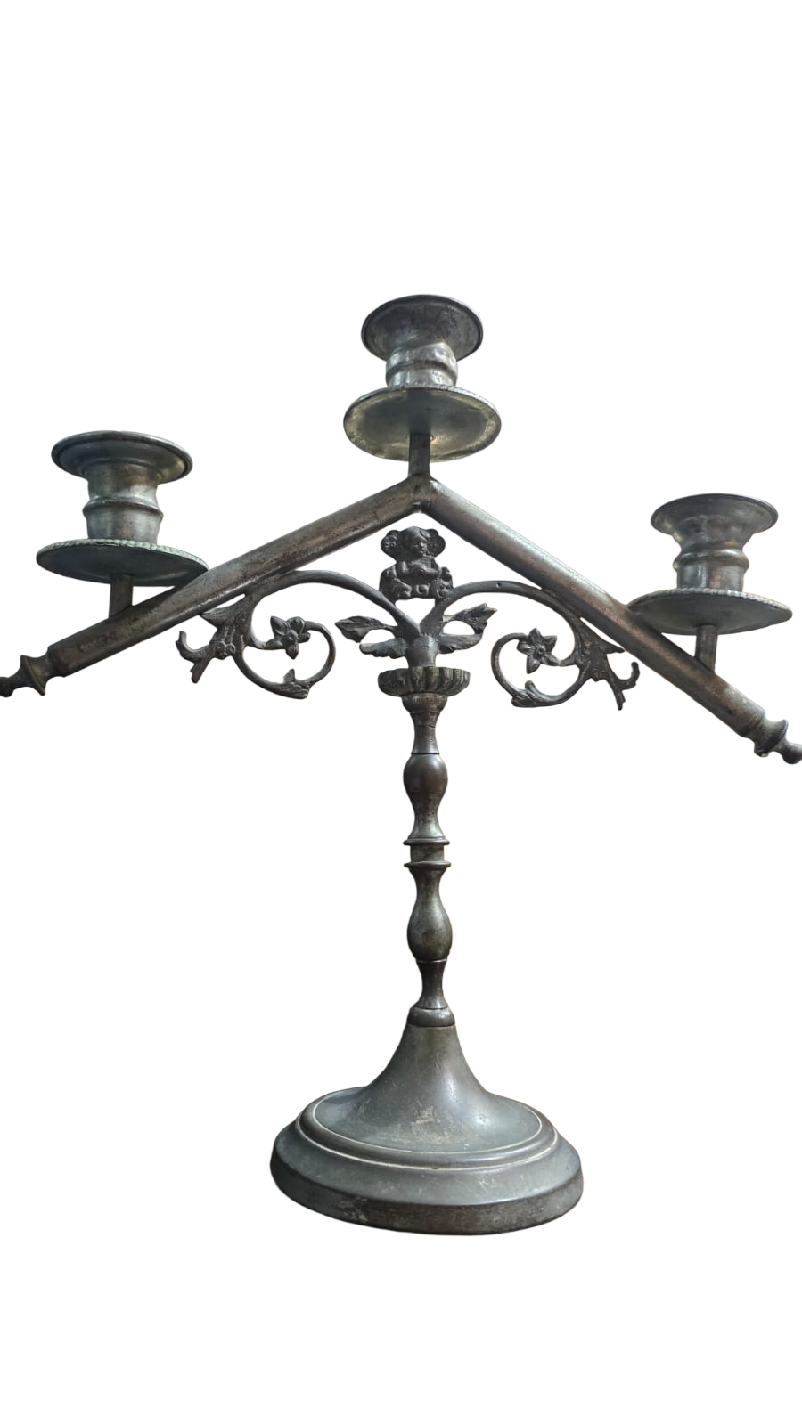 Antigo e belíssimo candelabro para três velas em bronze com banho prata
