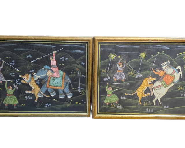 Conjunto de quadros indianos Rajasthani, cena de caça