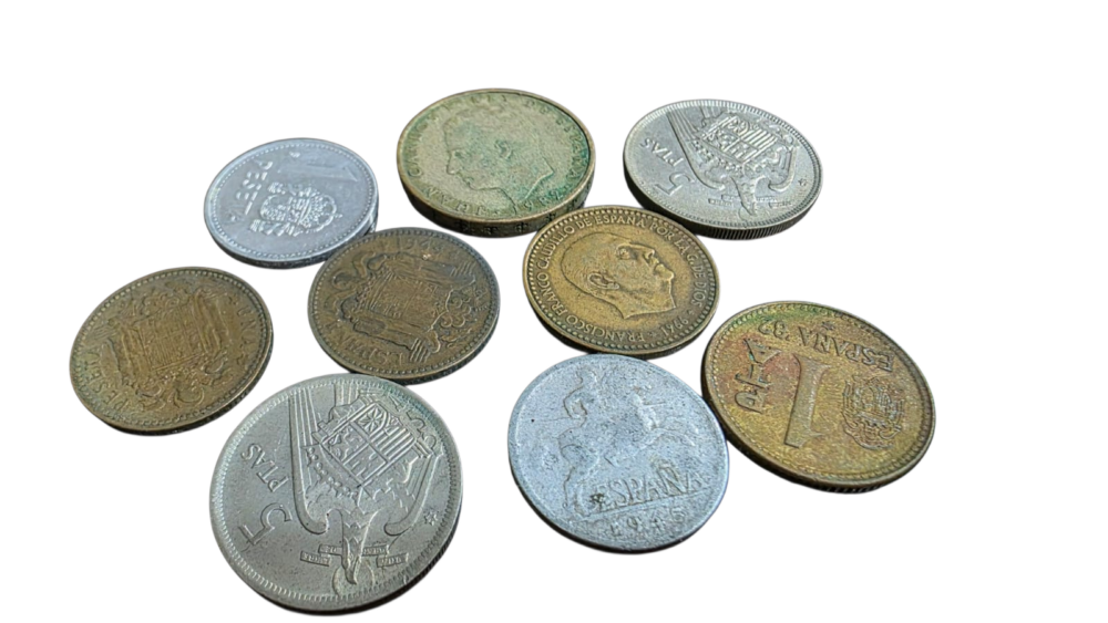 Coleção com nove antigas moedas estrangeiras