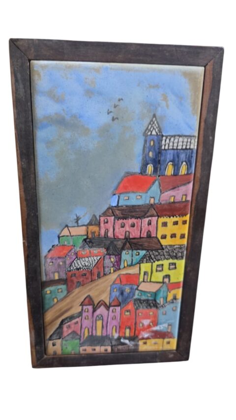 Quadro com azulejo pintado a mão, década de 70