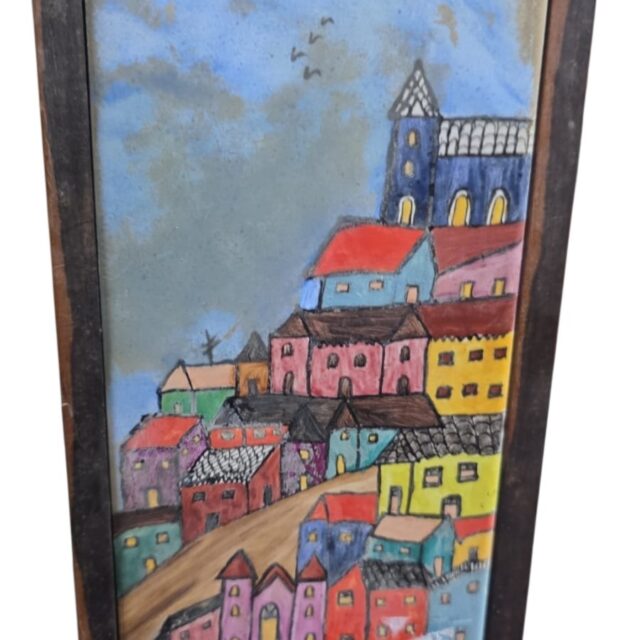 Quadro com azulejo pintado a mão, década de 70