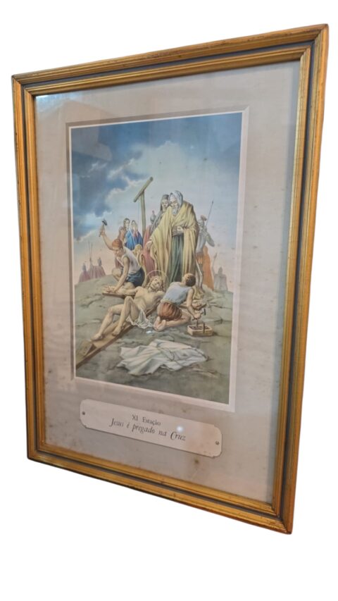 Antigo e belo quadro com arte sacra, Via Crucis