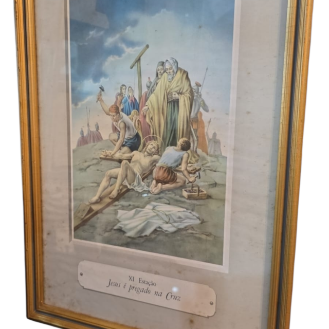 Antigo e belo quadro com arte sacra, Via Crucis