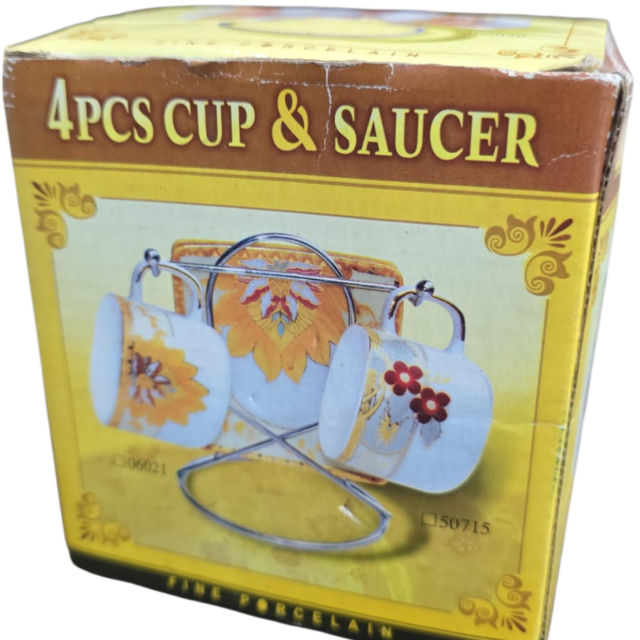 Conjunto de xícaras de porcelana com expositor, sem uso