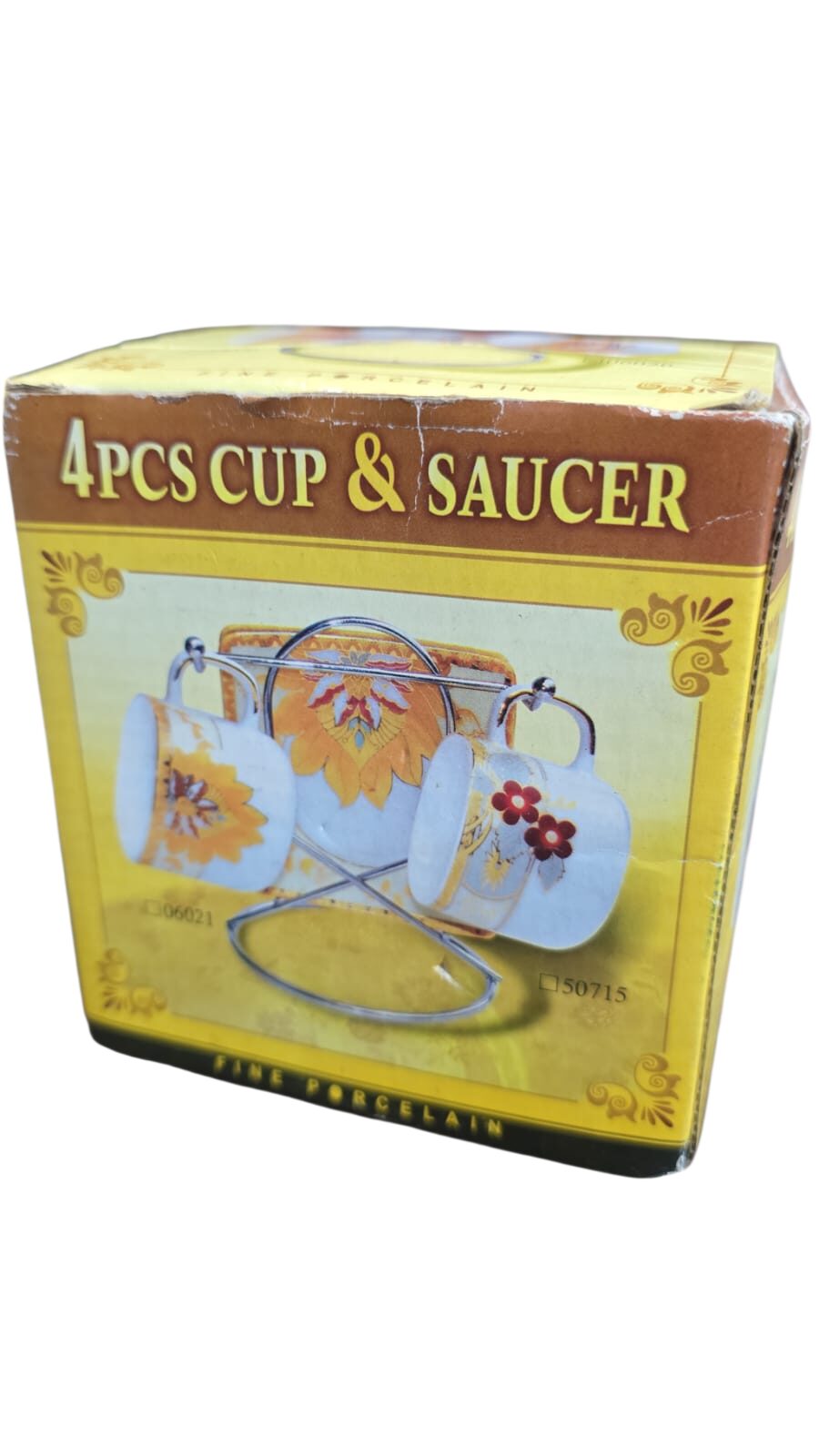 Conjunto de xícaras de porcelana com expositor, sem uso