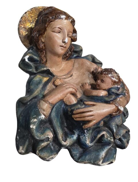 Antiga arte sacra de parede em estuque/gesso, esmaltada a mão, belíssima