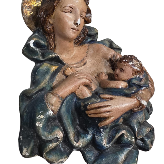 Antiga arte sacra de parede em estuque/gesso, esmaltada a mão, belíssima