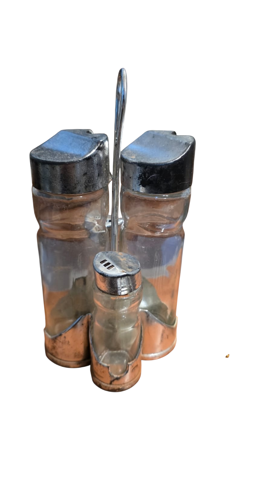 Conjunto de galheteiro em vidro e material sintético